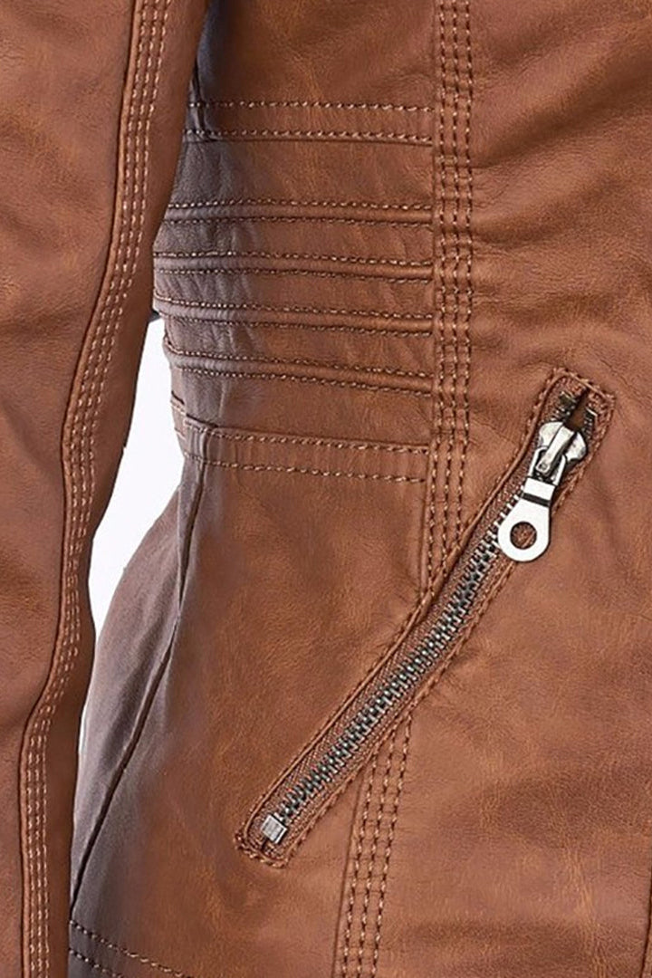 Veste Femme | Aspect Cuir Zip Deux Sens Capuche Poches Poitrine - 4
