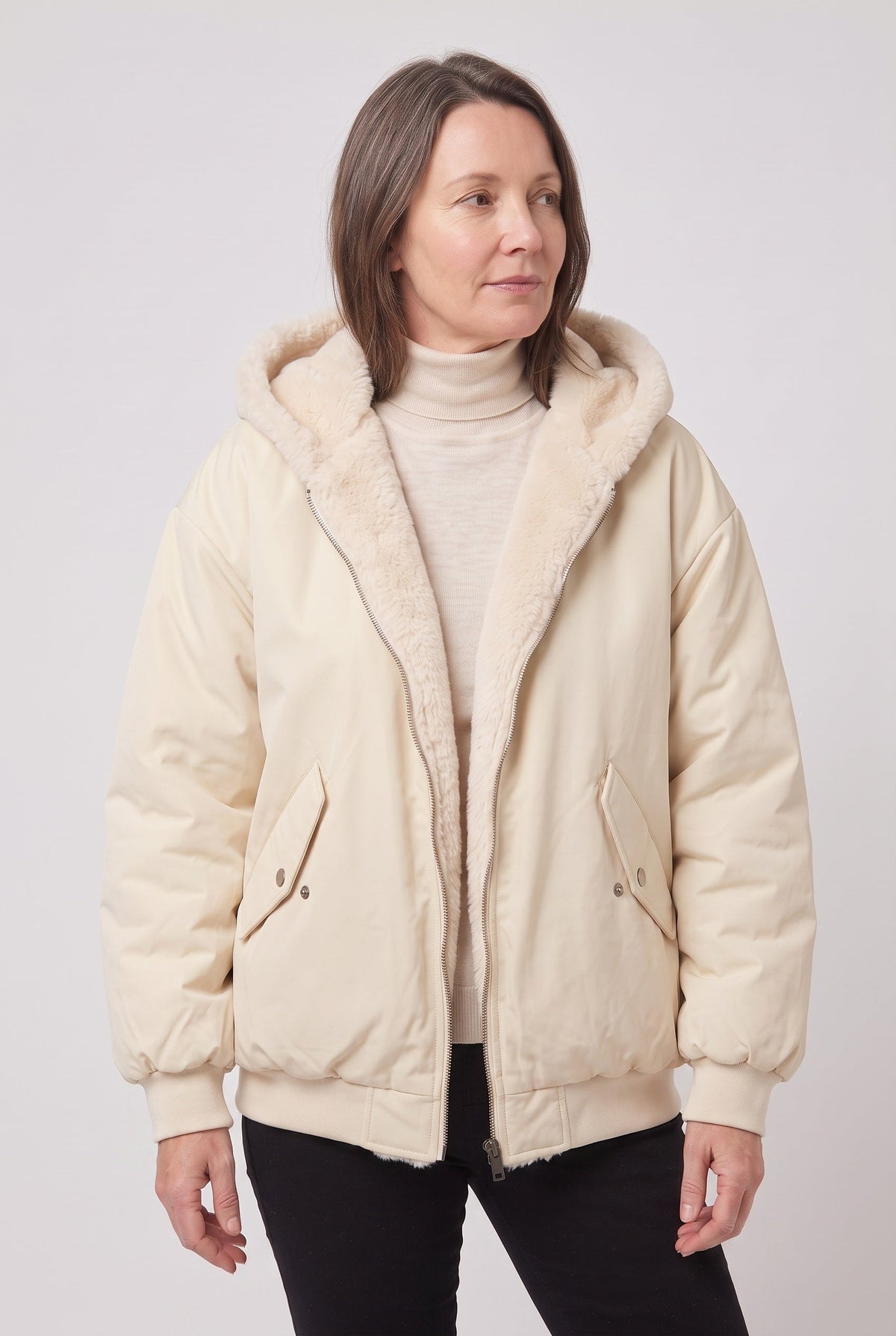 Veste Femme | Bomber Zip Deux Sens Capuche Fausse Fourrure - 7