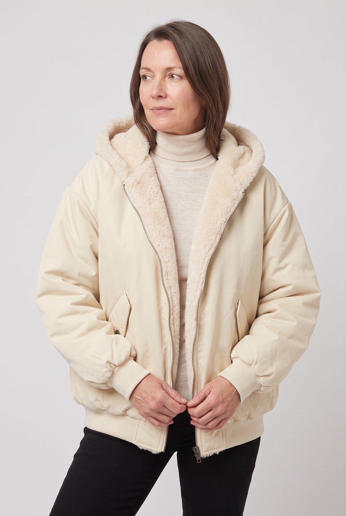 Veste Femme | Bomber Zip Deux Sens Capuche Fausse Fourrure - 8