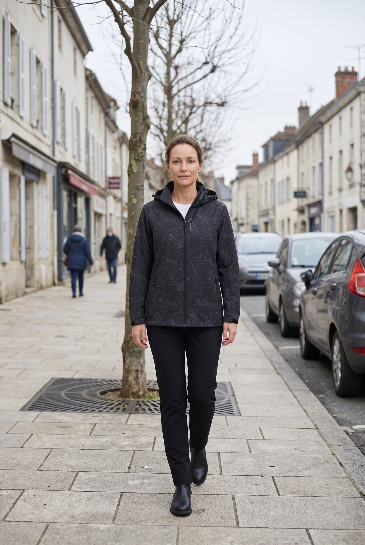 Veste Femme | Déperlante Zippée Capuche Amovible Imprimé Feuillage - Noir