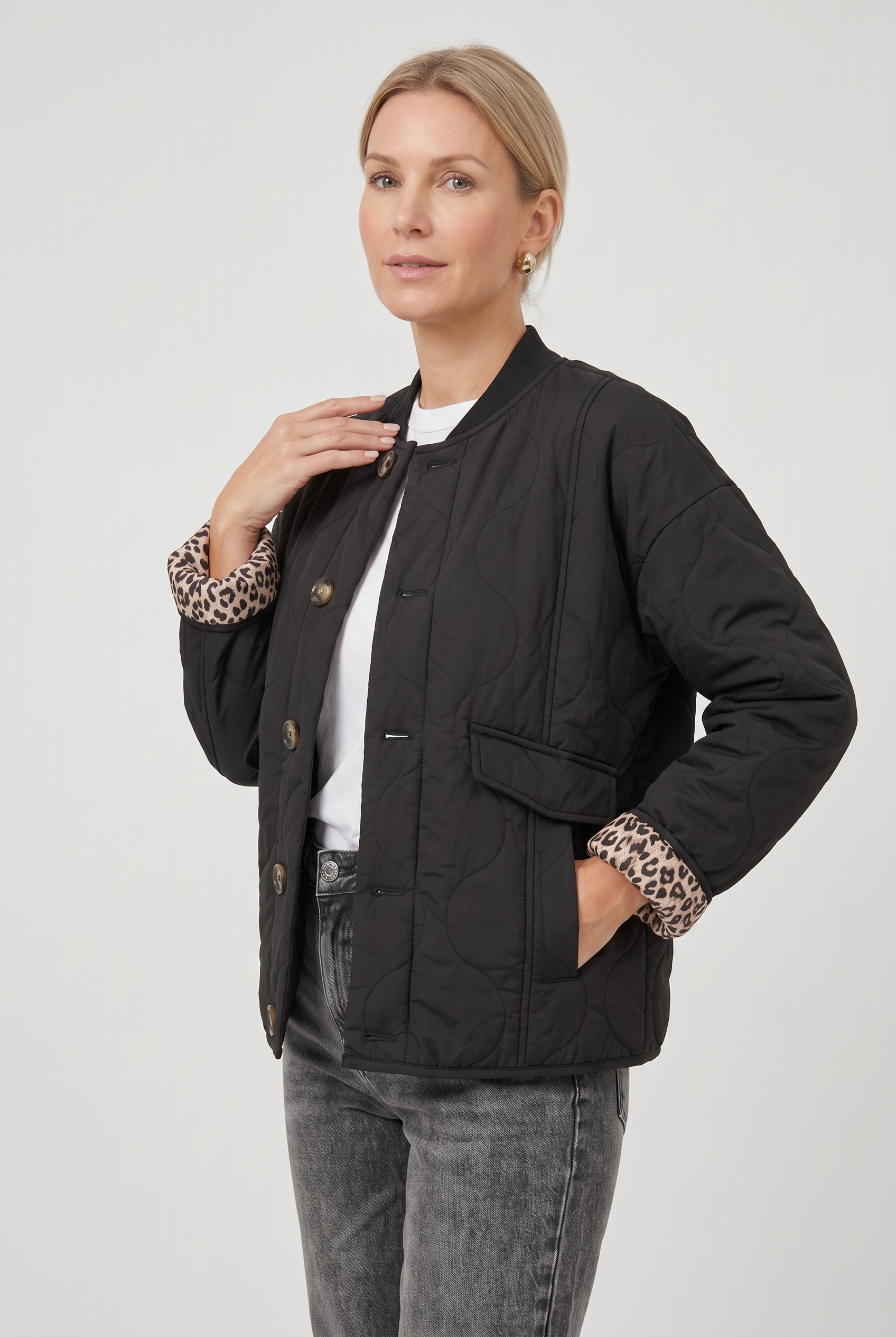 Veste Femme | Matelassée Boutonnée Doublure Léopard - 5