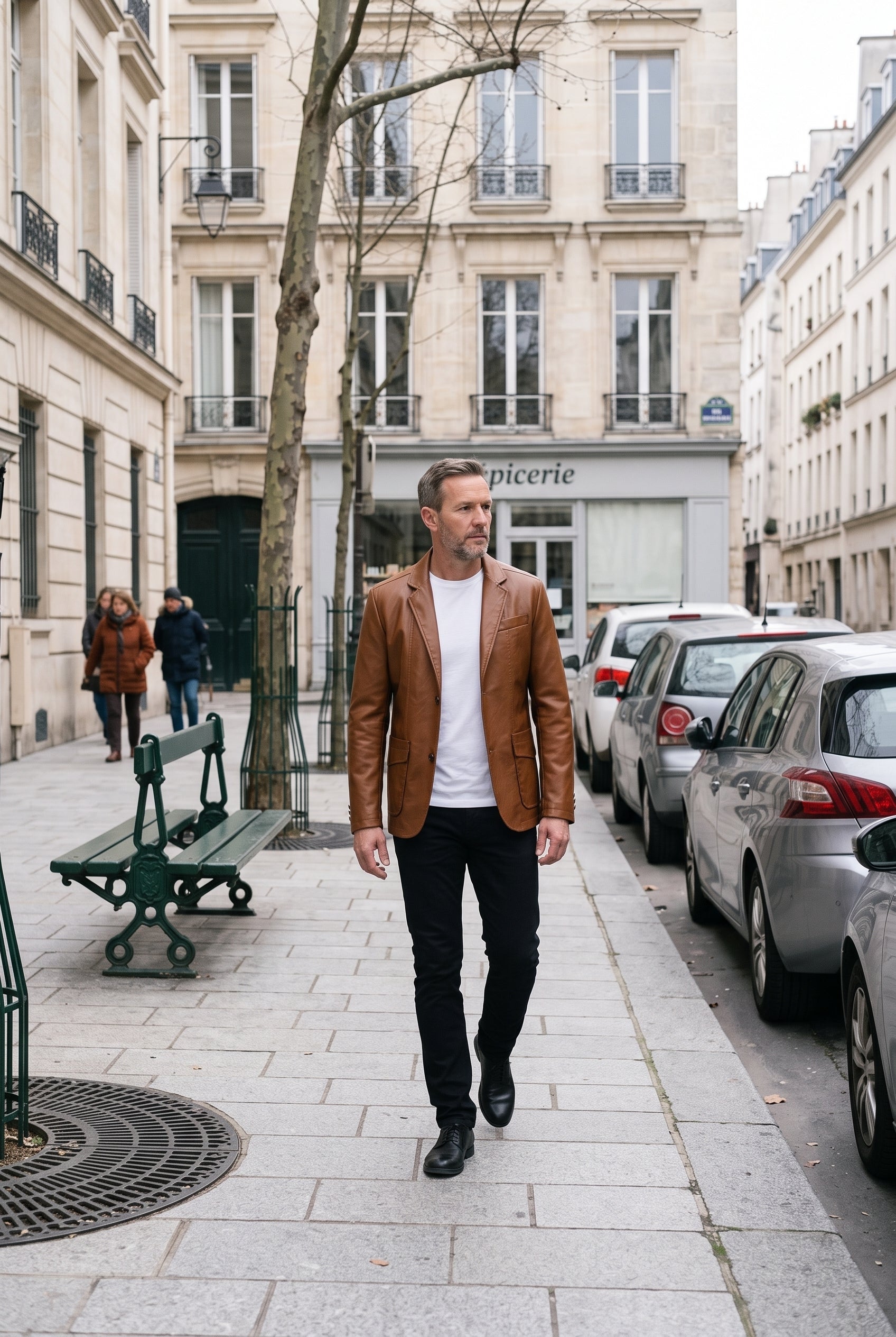 Veste Homme | Aspect Cuir Deux Boutons Col Cranté Poches À Rabat - Marron cognac