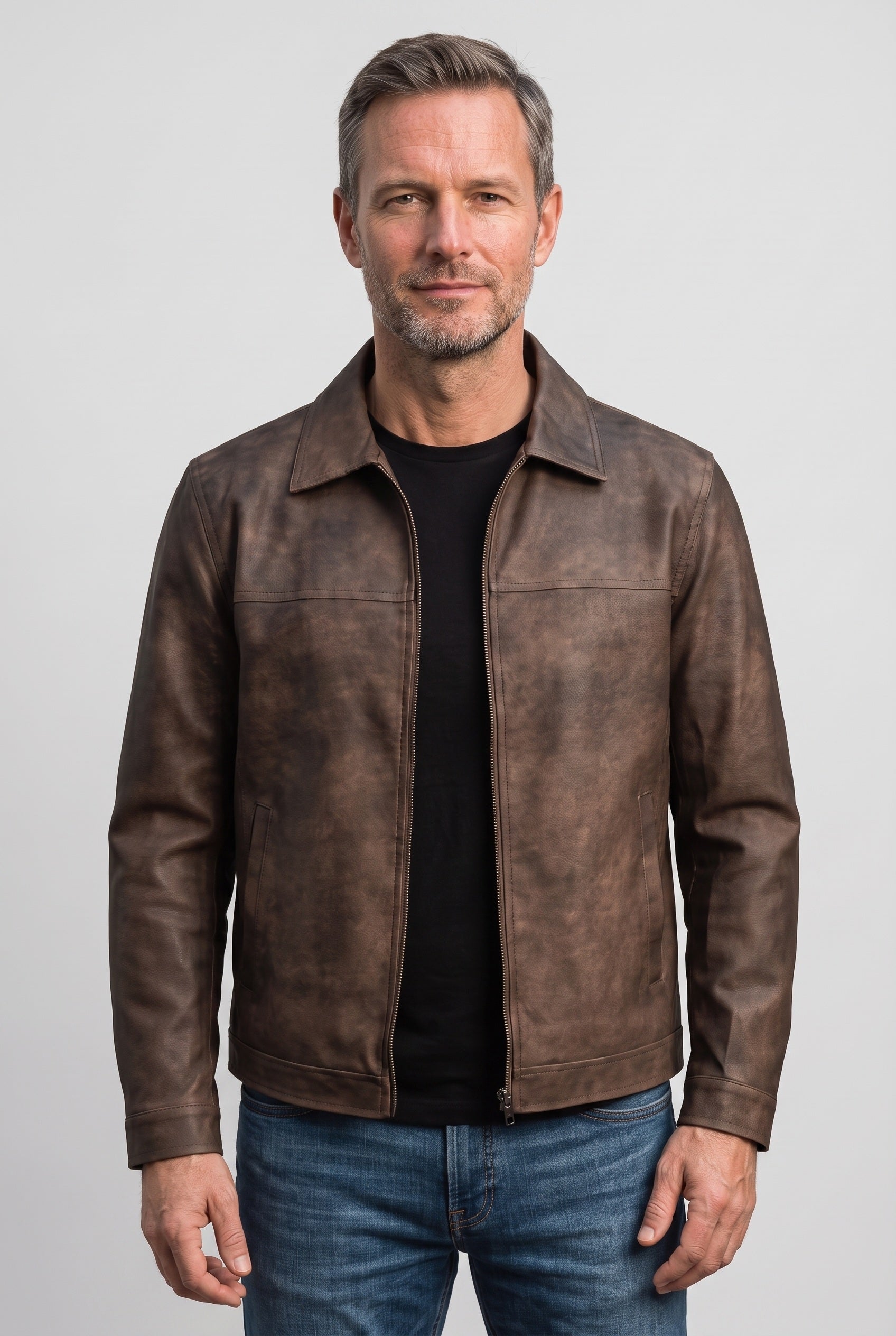 Veste Homme | Aspect Cuir Zippée Col Chemise Effet Vieilli - 1