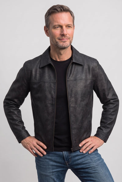 Veste Homme | Aspect Cuir Zippée Col Chemise Effet Vieilli - 5