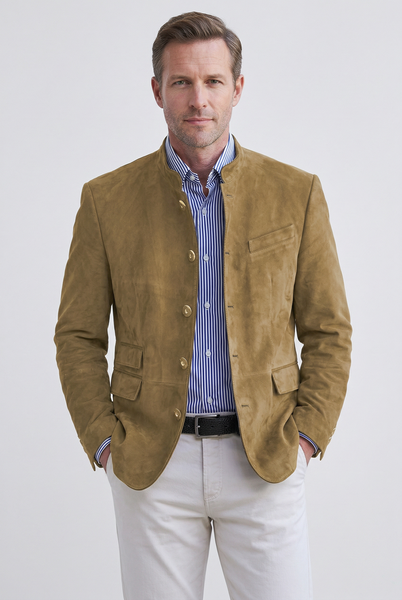 Veste Homme | Boutonnée Col Montant Aspect Daim Poches à Rabat - 1