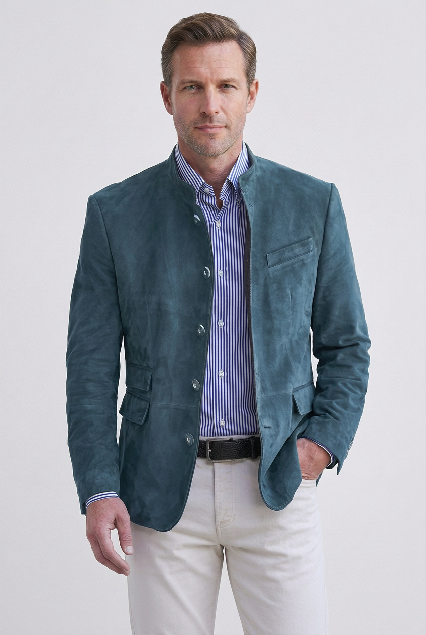 Veste Homme | Boutonnée Col Montant Aspect Daim Poches à Rabat - 5