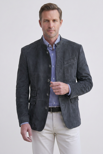 Veste Homme | Boutonnée Col Montant Aspect Daim Poches à Rabat - 7