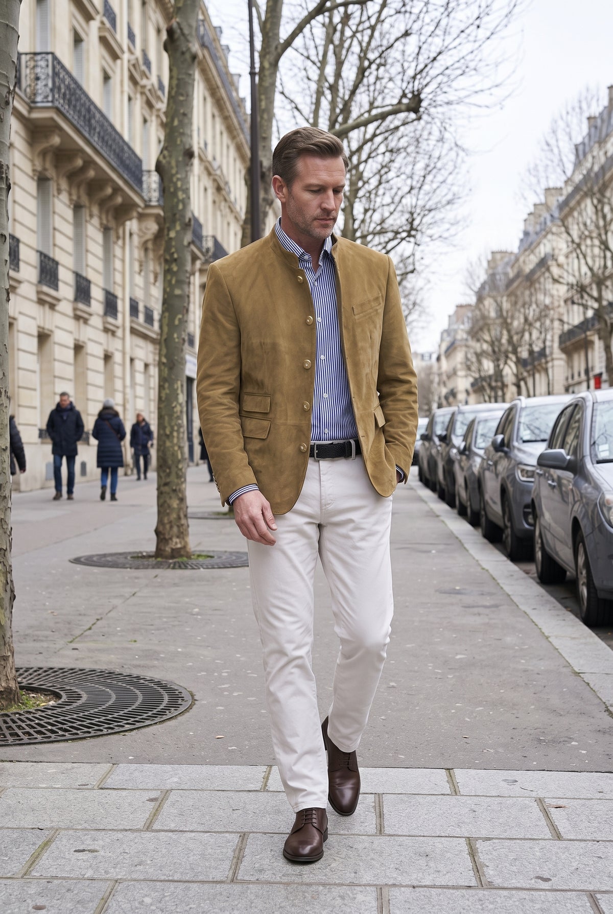Veste Homme | Boutonnée Col Montant Aspect Daim Poches à Rabat - 8