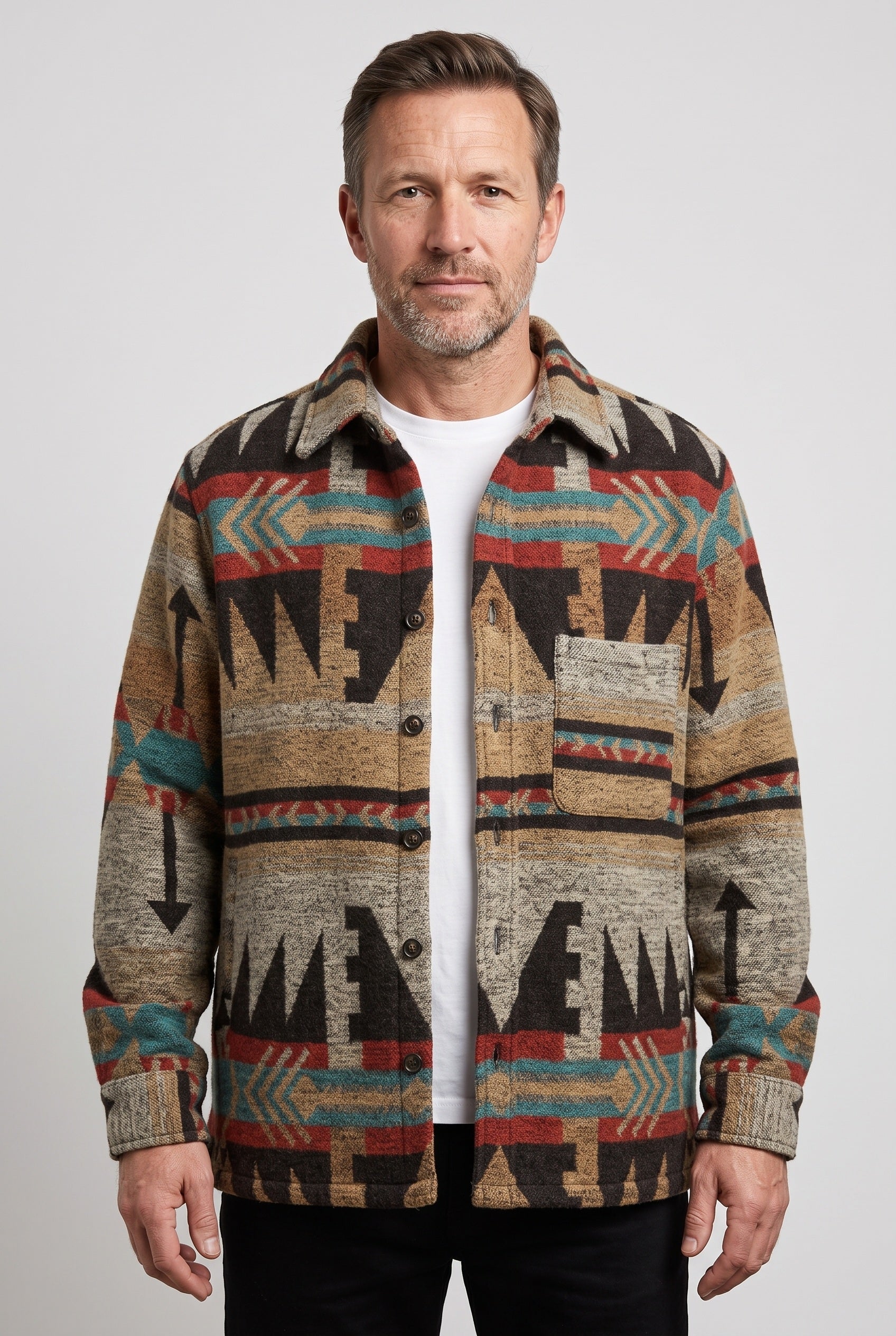 Veste Homme | Boutonnée Motif Aztèque Col Chemise Poches Poitrine - 1