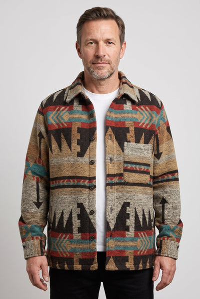 Veste Homme | Boutonnée Motif Aztèque Col Chemise Poches Poitrine - 1