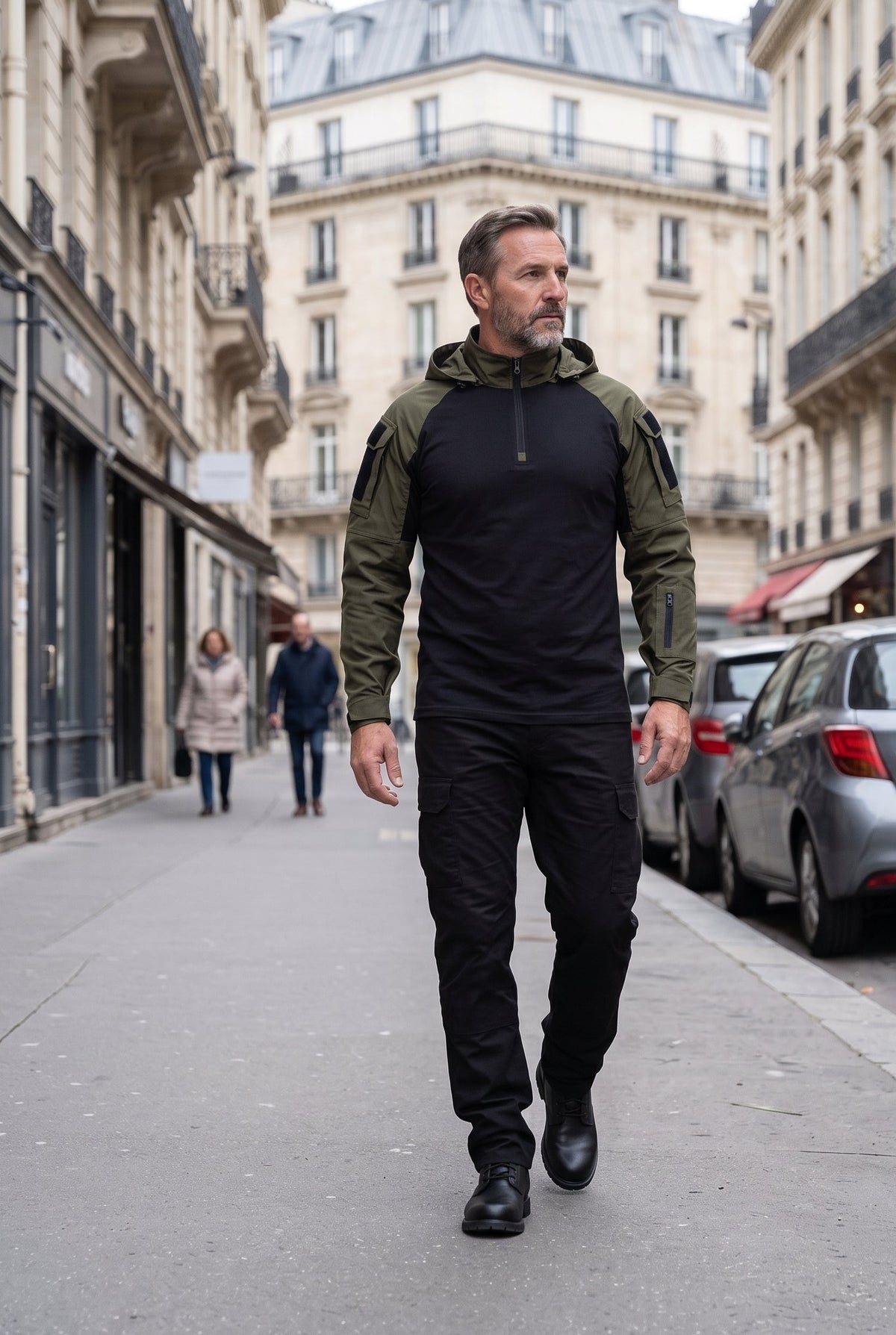 Veste Homme | Col Zippé Capuche Fixe Poches Sur Manches - Vert foncé