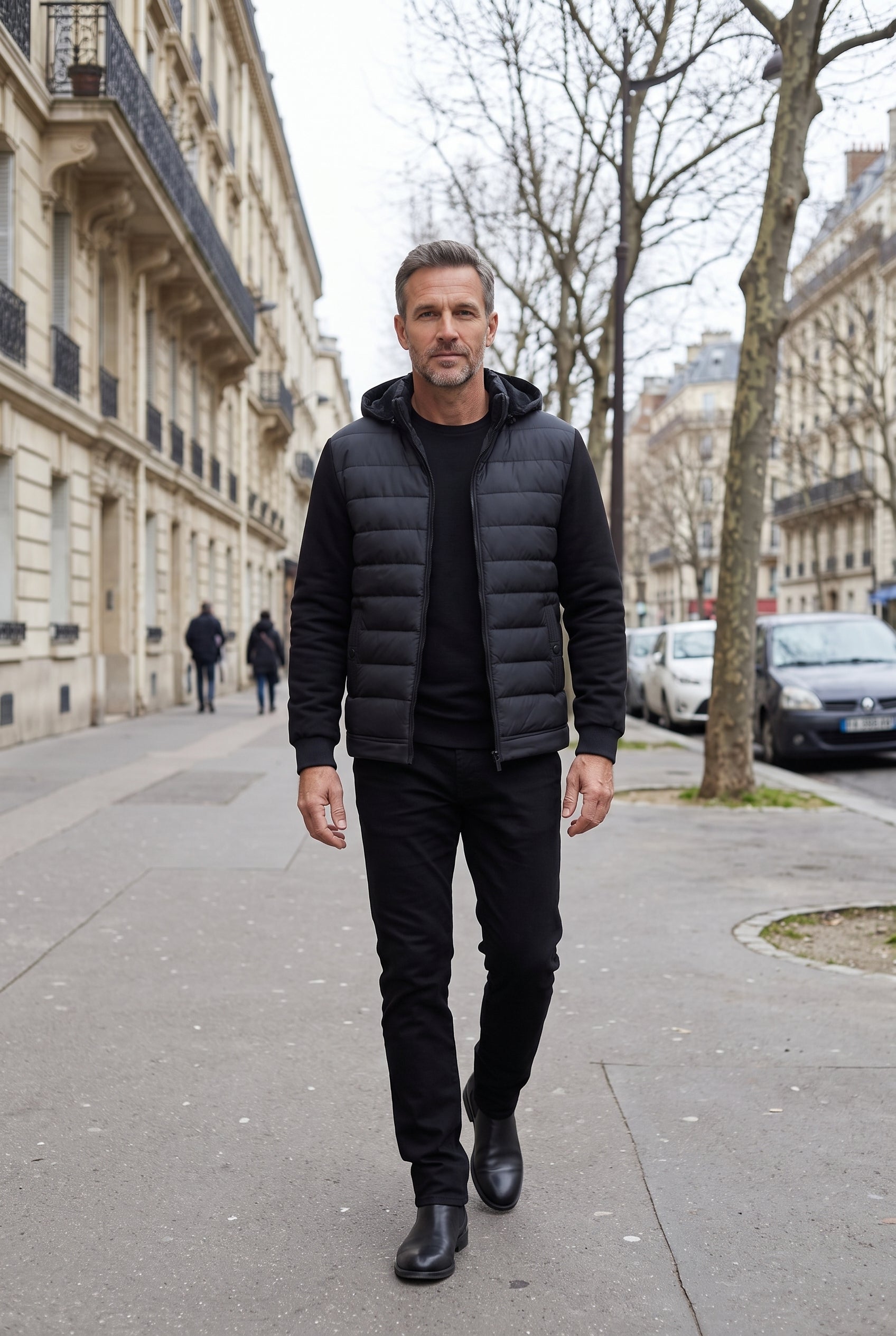 Veste Homme | Matelassée Zippée Capuche Amovible Manches en Maille - Noir