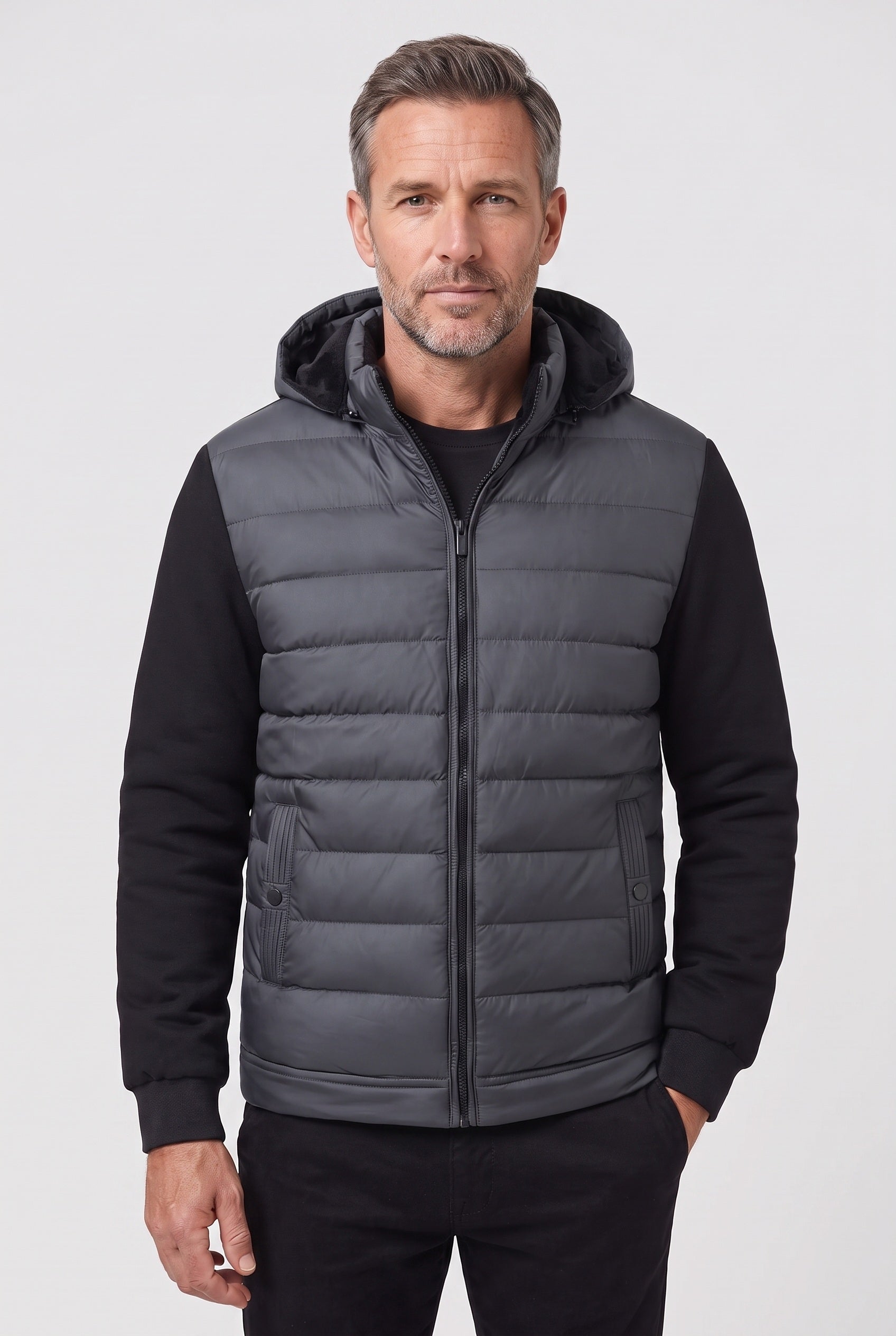 Veste Homme | Matelassée Zippée Capuche Amovible Manches en Maille - 7