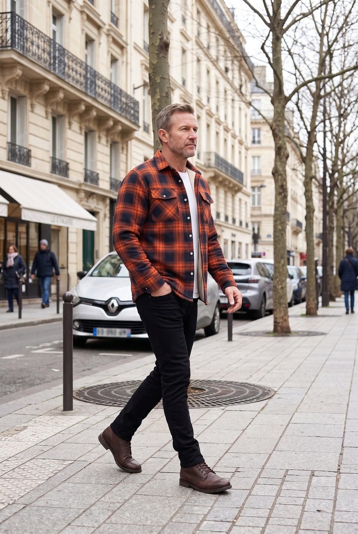 Veste Homme | Sherpa Boutonnée Grands Carreaux Poches Poitrine - Orange