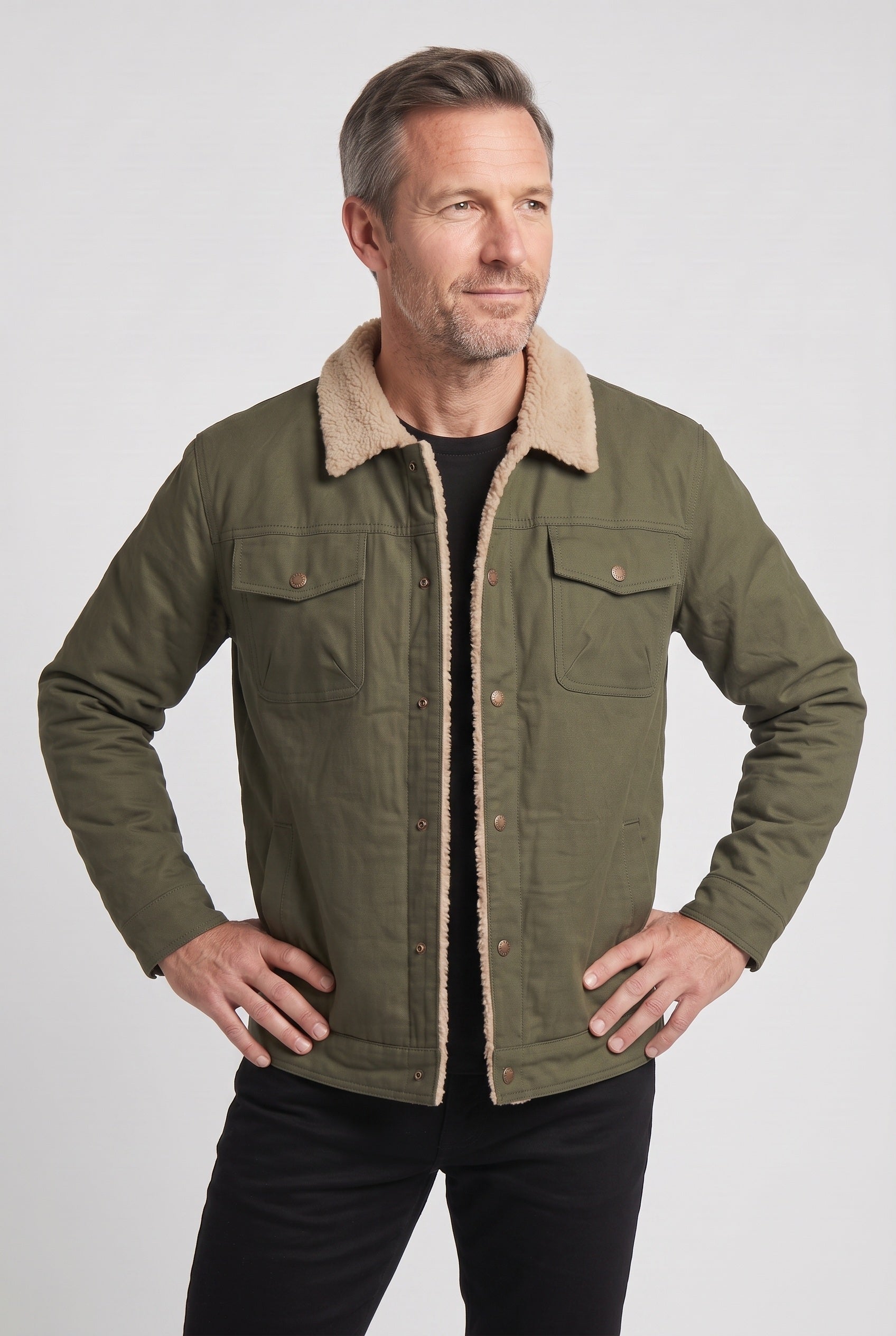 Veste Homme | Sherpa Boutons Pression Col Doublé Poches Poitrine - 5