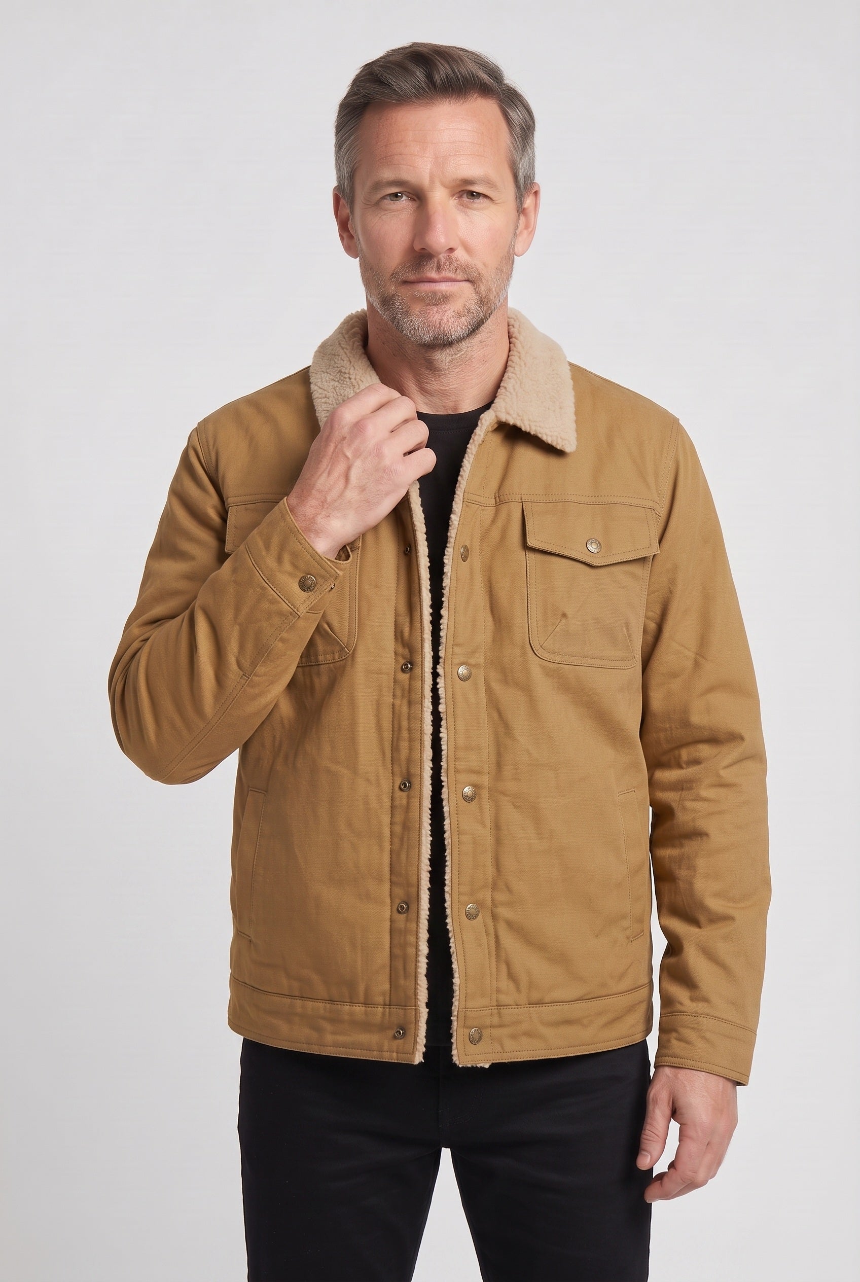 Veste Homme | Sherpa Boutons Pression Col Doublé Poches Poitrine - 7