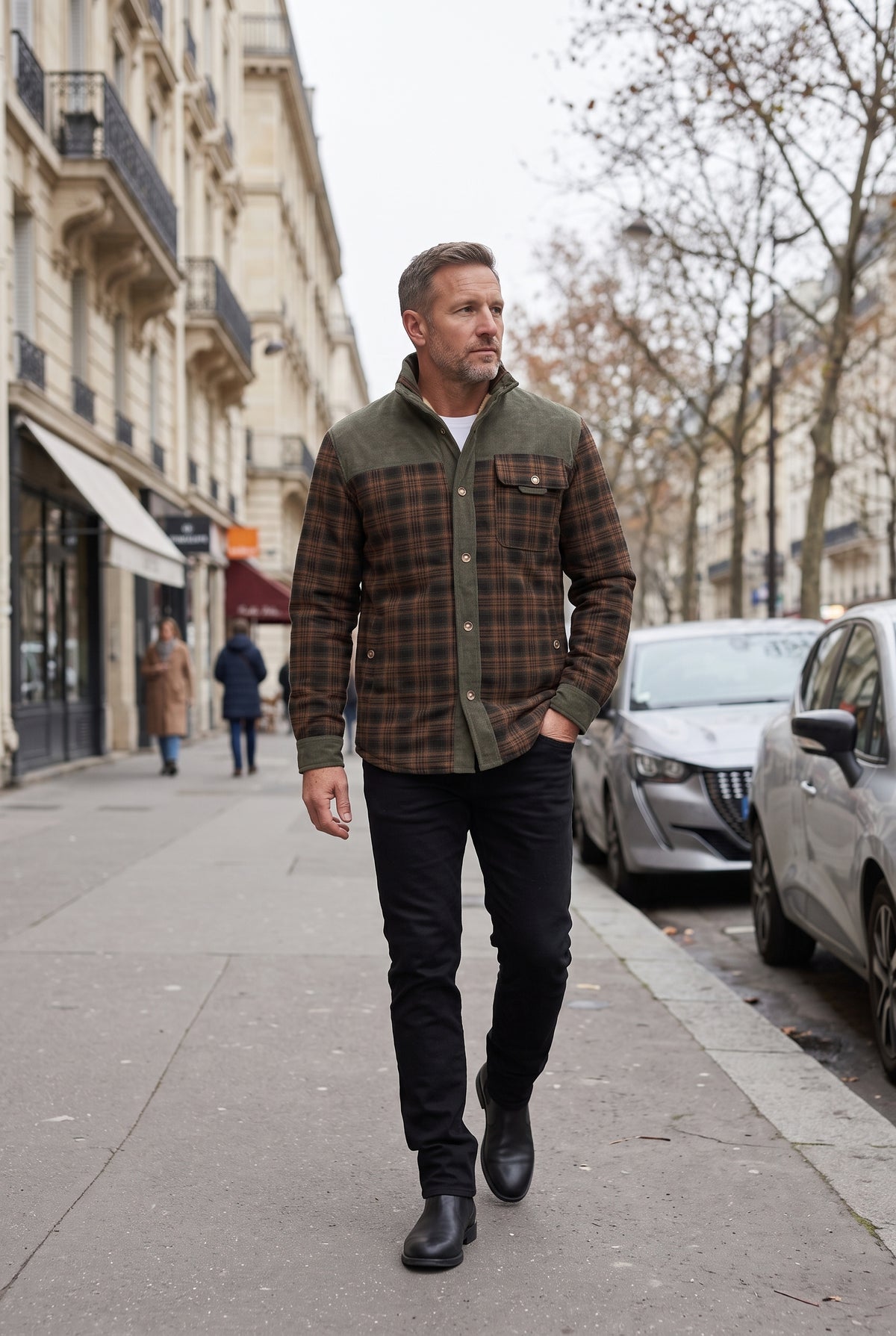 Veste Homme | Sherpa Boutons Pression Col Velours Côtelé - Noir / Vert kaki